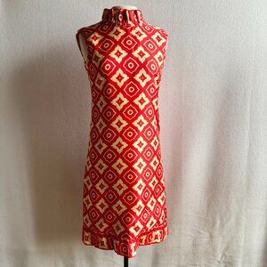 1960s 1970s Adele Simpson Orange Mod Silk Print Sheath Dress